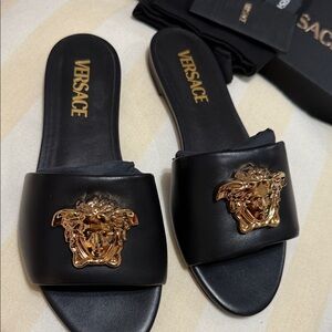 Versace Black Slides with Gold Medusa Accent, NEW NEVER WORN